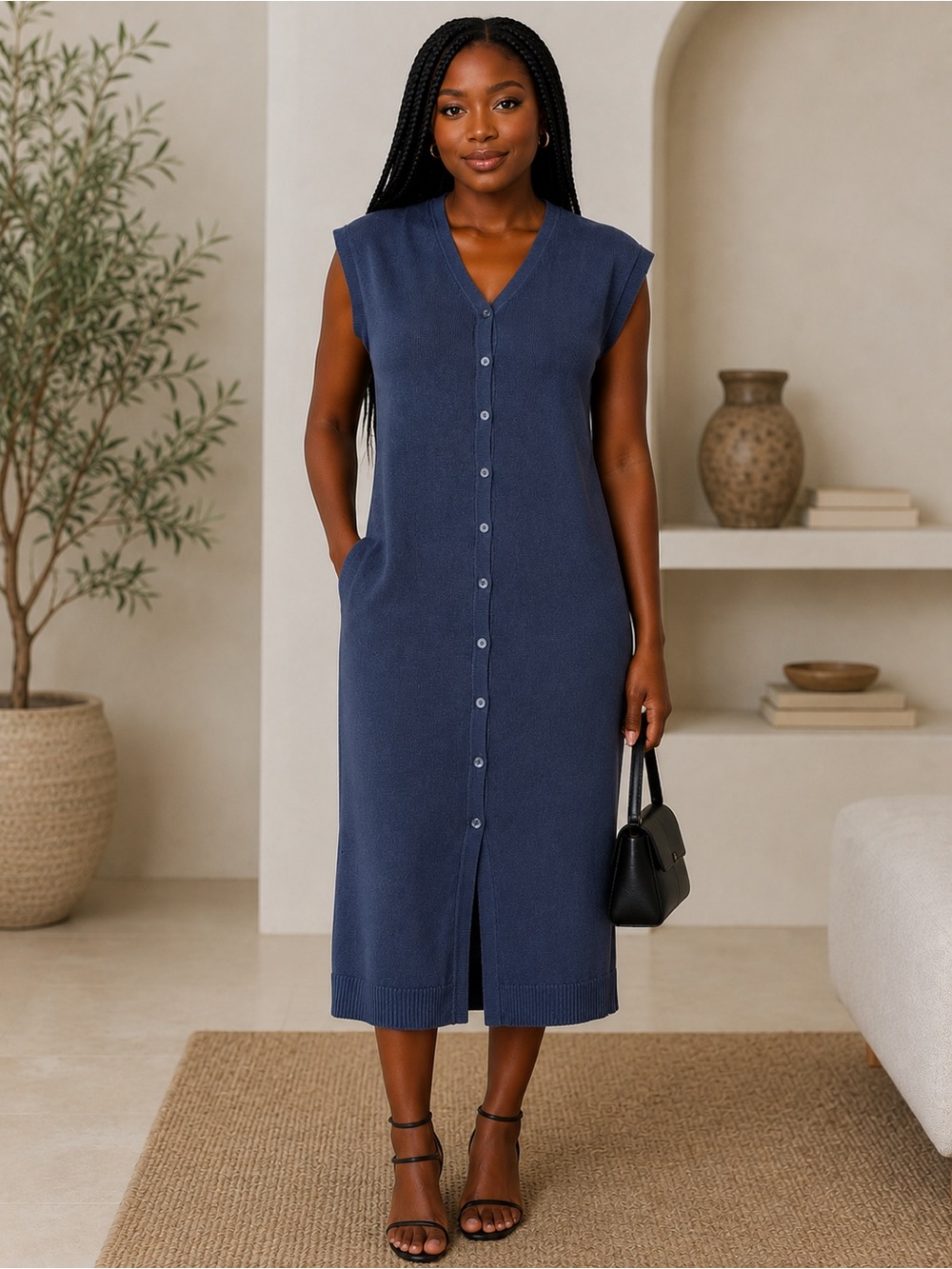 Kinross Blue Knit Midi Dress | Button Front | 100% Cashmere | Size M